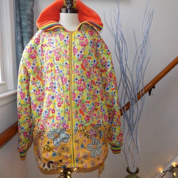 Paisley Floral Puffer Patch Hooded Coat Size Large/XL Yellow Orange Multicolor - Picture 4 of 6